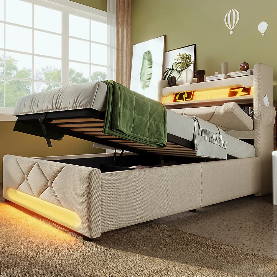 Gutent Lit rembourré hydraulique 90x200cm, Single, tête de lit de rangement avec port usb et type c, lin, beige, sans matelas
