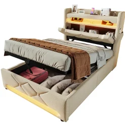 Gutent Lit rembourré hydraulique 90x200cm, Single, tête de lit de rangement avec port usb et type c, lin, beige, sans matelas