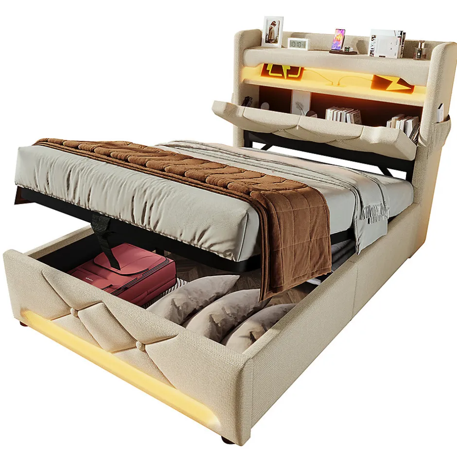 Gutent Lit rembourré hydraulique 90x200cm, Single, tête de lit de rangement avec port usb et type c, lin, beige, sans matelas