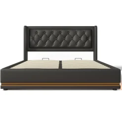 Gutent Lit rembourré hydraulique 180x200cm lit de rangement lit double avec fonction de charge usb type-c tête de lit pu noir