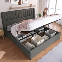 Gutent Lit rembourré hydraulique lit coffre lit 160x200 cm lit de rangement lit en métal lit cadre à lattes en bois lit double lin gris