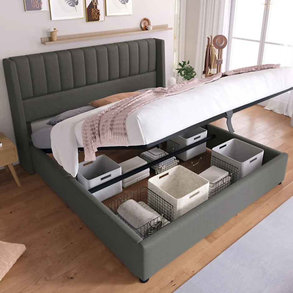 Gutent Lit rembourré hydraulique lit coffre lit 160x200 cm lit de rangement lit en métal lit cadre à lattes en bois lit double lin gris