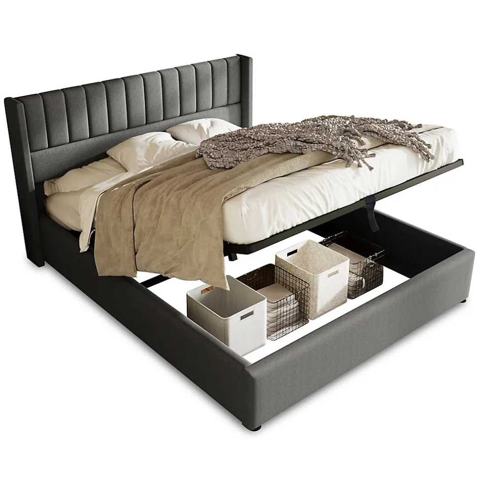 Gutent Lit rembourré hydraulique lit coffre lit 160x200 cm lit de rangement lit en métal lit cadre à lattes en bois lit double lin gris