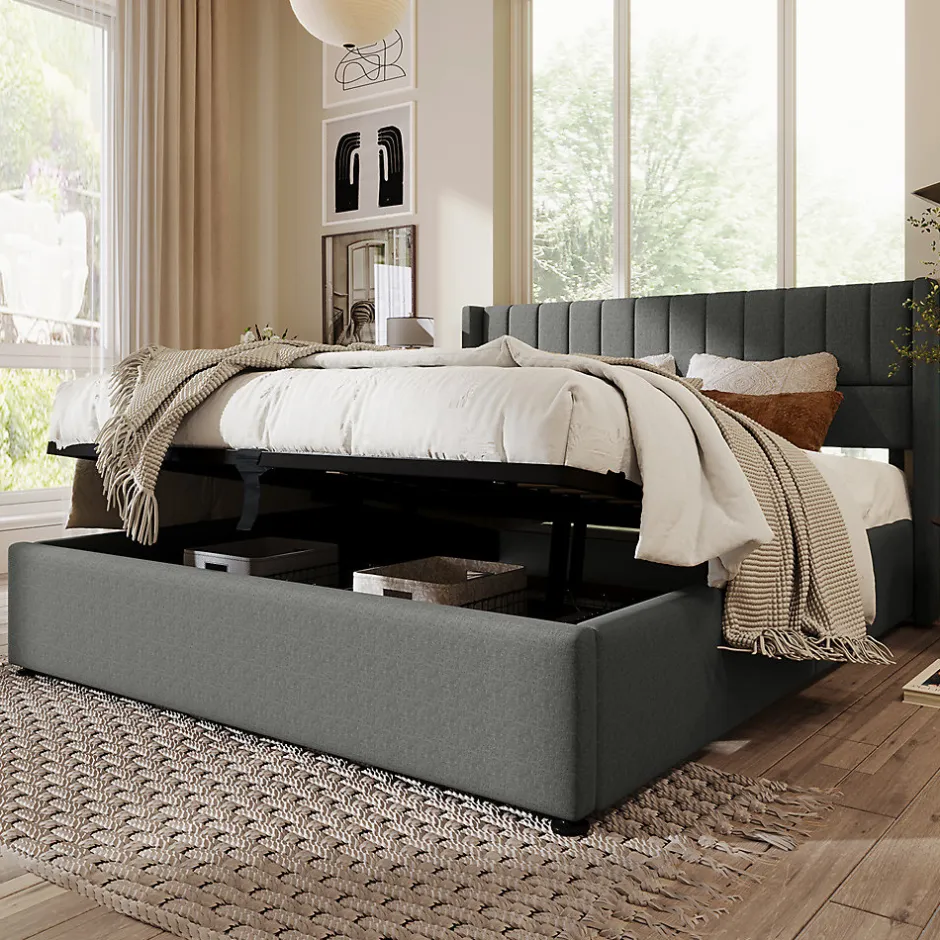 Gutent Lit rembourré hydraulique lit coffre lit 160x200 cm lit de rangement lit en métal lit cadre à lattes en bois lit double lin gris