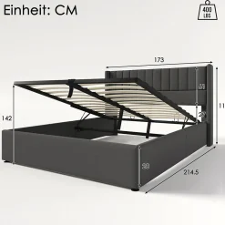 Gutent Lit rembourré hydraulique lit coffre lit 160x200 cm lit de rangement lit en métal lit cadre à lattes en bois lit double lin gris