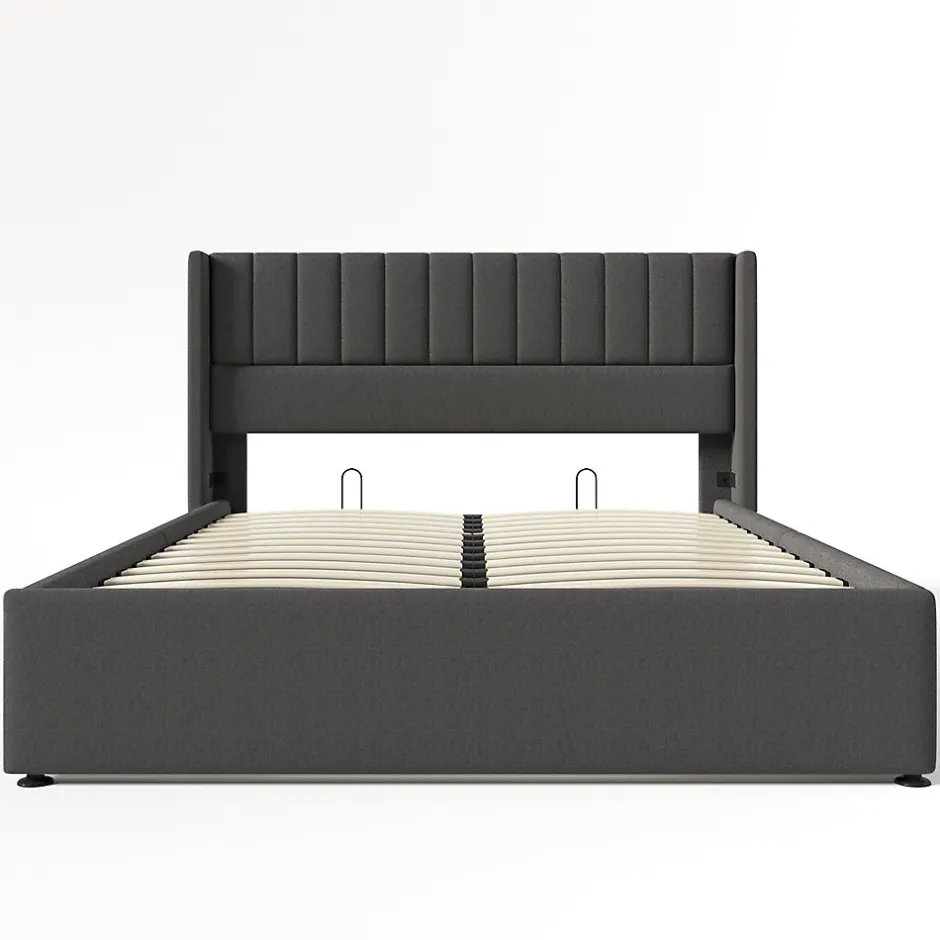 Gutent Lit rembourré hydraulique lit coffre lit 160x200 cm lit de rangement lit en métal lit cadre à lattes en bois lit double lin gris