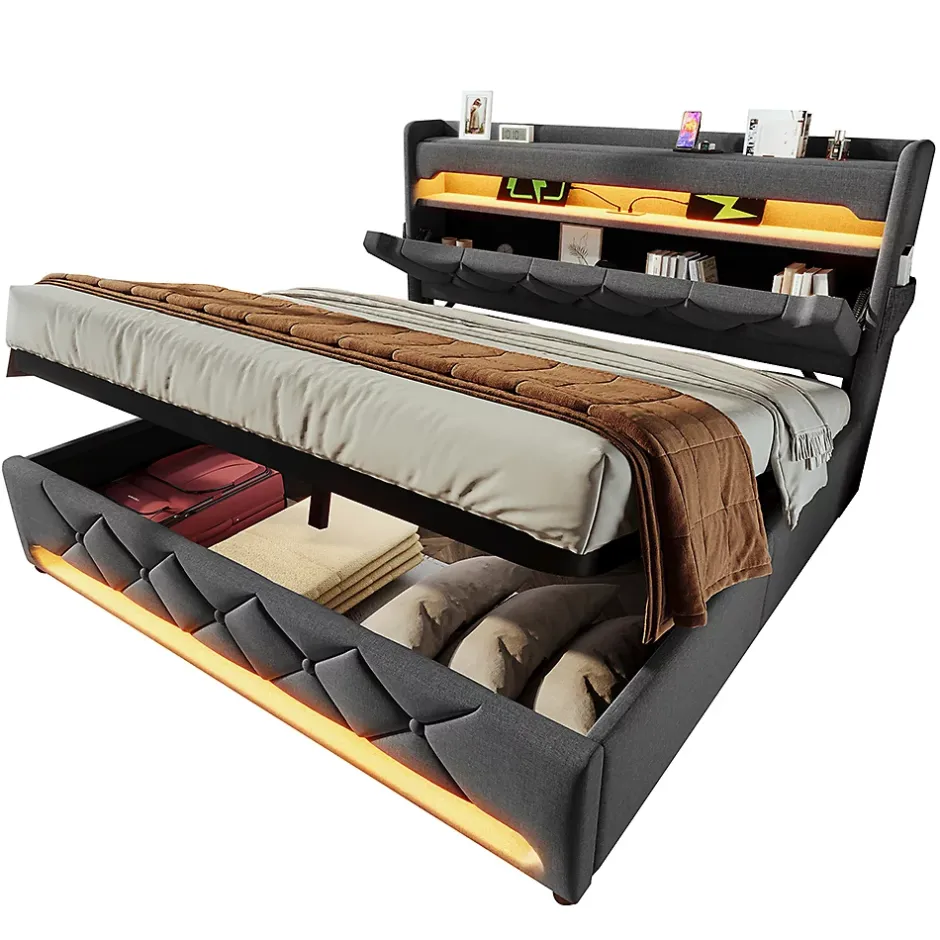 Gutent Lit rembourré hydraulique 140x200cm, lit double, espace de rangement tête de lit avec port usb et type c, lin, gris, sans matelas