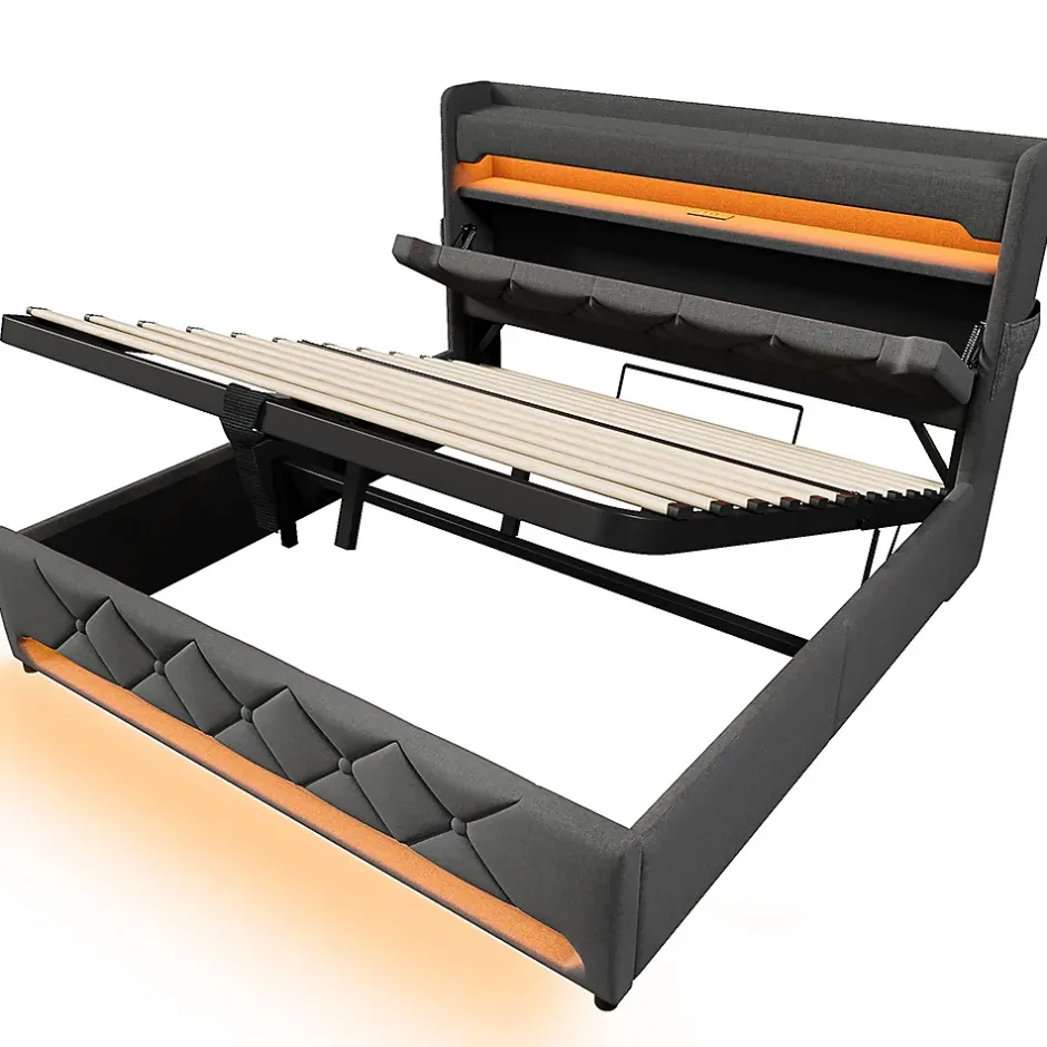 Gutent Lit rembourré hydraulique 140x200cm, lit double, espace de rangement tête de lit avec port usb et type c, lin, gris, sans matelas