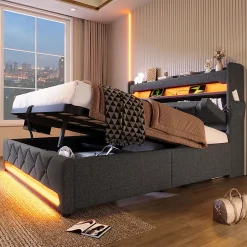 Gutent Lit rembourré hydraulique 140x200cm, lit double, espace de rangement tête de lit avec port usb et type c, lin, gris, sans matelas