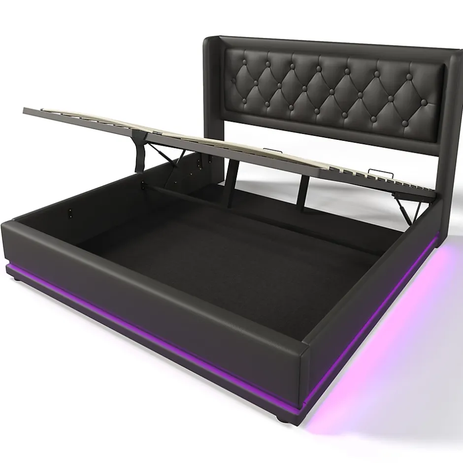 Gutent Lit rembourré hydraulique 160x200cm lit de rangement lit double avec fonction de charge usb type-c tête de lit pu noir Outlet