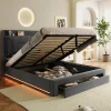 Gutent Lit rembourré hydraulique 160x200cm, tiroirs de rangement, avec sommier à lattes, sans matelas, velours, gris foncé