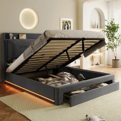Gutent Lit rembourré hydraulique 160x200cm, tiroirs de rangement, avec sommier à lattes, sans matelas, velours, gris foncé