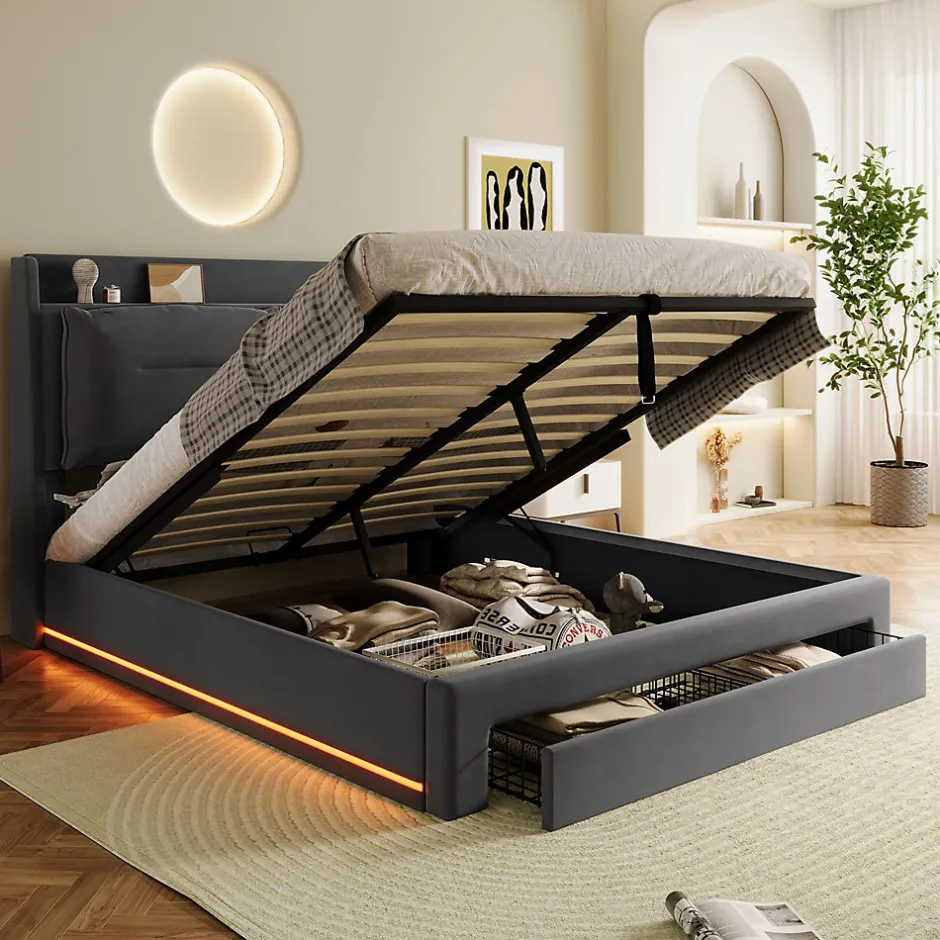 Gutent Lit rembourré hydraulique 160x200cm, tiroirs de rangement, avec sommier à lattes, sans matelas, velours, gris foncé