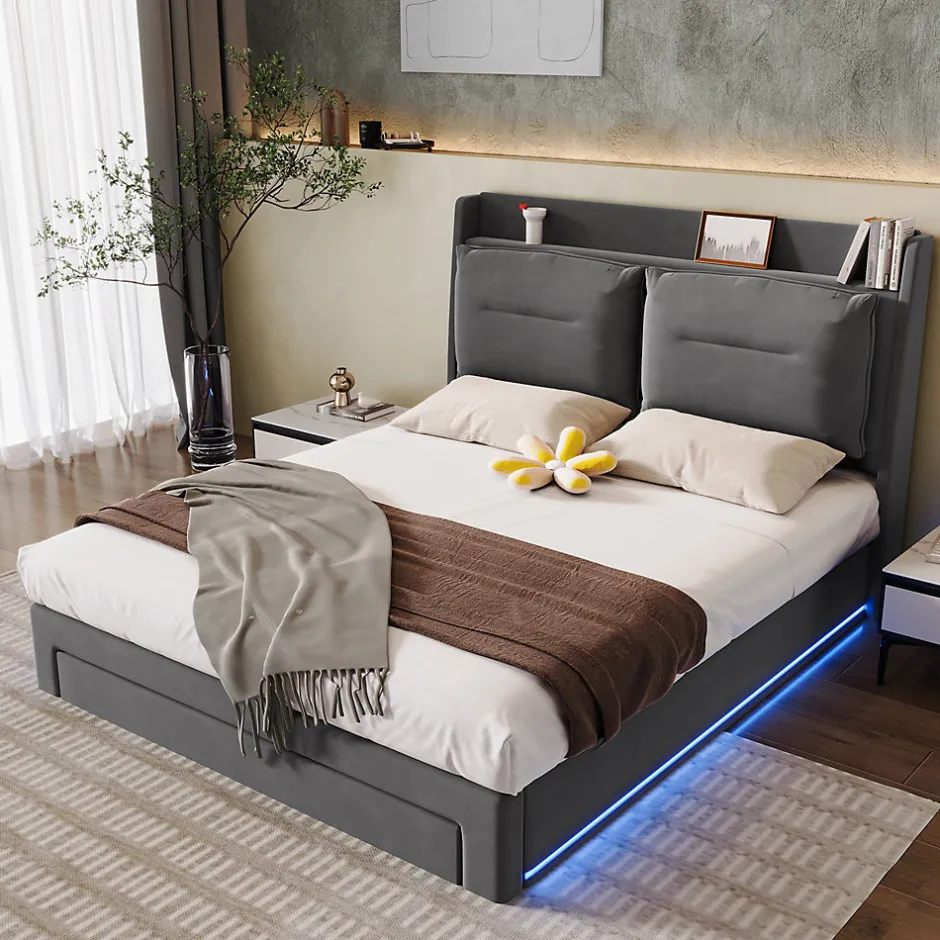 Gutent Lit rembourré hydraulique 160x200cm, tiroirs de rangement, avec sommier à lattes, sans matelas, velours, gris foncé