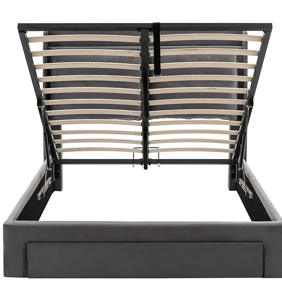 Gutent Lit rembourré hydraulique 160x200cm, tiroirs de rangement, avec sommier à lattes, sans matelas, velours, gris foncé