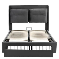 Gutent Lit rembourré hydraulique 160x200cm, tiroirs de rangement, avec sommier à lattes, sans matelas, velours, gris foncé