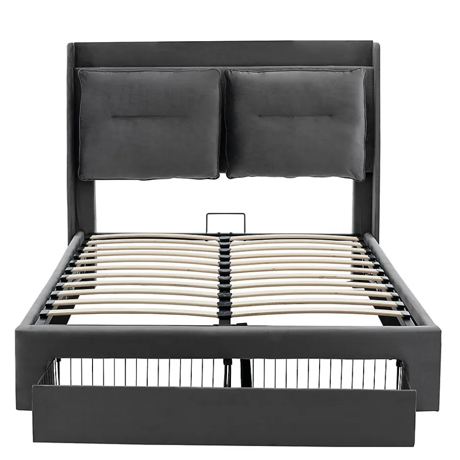 Gutent Lit rembourré hydraulique 160x200cm, tiroirs de rangement, avec sommier à lattes, sans matelas, velours, gris foncé