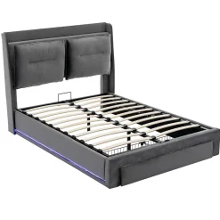Gutent Lit rembourré hydraulique 160x200cm, tiroirs de rangement, avec sommier à lattes, sans matelas, velours, gris foncé