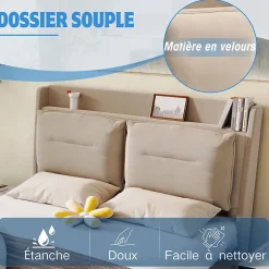 Gutent Lit rembourré hydraulique 160x200cm, tiroirs de rangement, avec sommier à lattes, sans matelas, velours, beige