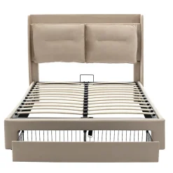 Gutent Lit rembourré hydraulique 160x200cm, tiroirs de rangement, avec sommier à lattes, sans matelas, velours, beige