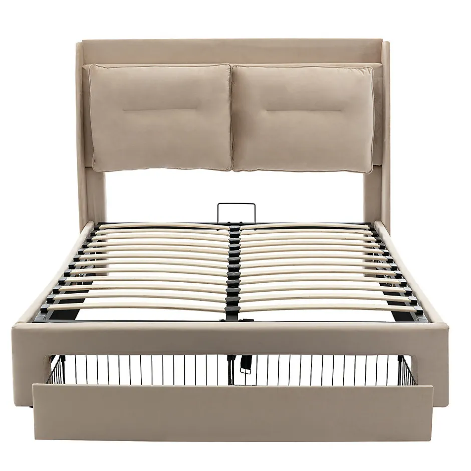 Gutent Lit rembourré hydraulique 160x200cm, tiroirs de rangement, avec sommier à lattes, sans matelas, velours, beige