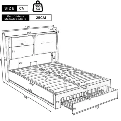 Gutent Lit rembourré hydraulique 160x200cm, tiroirs de rangement, avec sommier à lattes, sans matelas, velours, beige