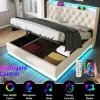 Gutent Lit rembourré hydraulique 140x200cm, lit de rangement, tête de lit avec fonction de chargement usb typ-c, pu, blanc, sans matelas
