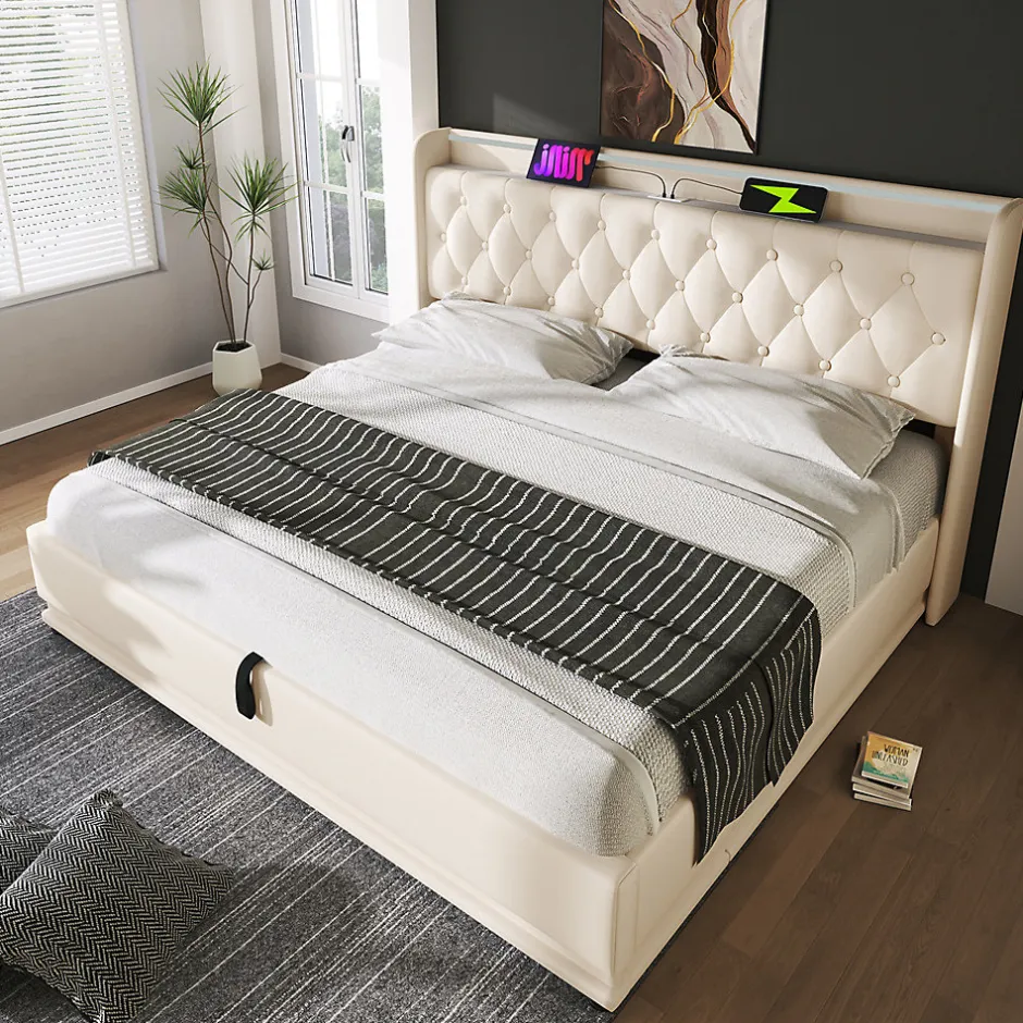 Gutent Lit rembourré hydraulique 140x200cm, lit de rangement, tête de lit avec fonction de chargement usb typ-c, pu, blanc, sans matelas