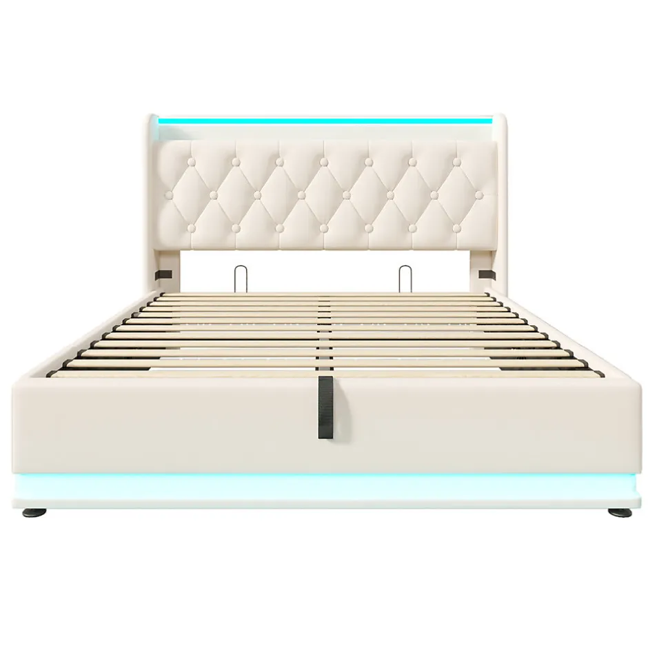 Gutent Lit rembourré hydraulique 140x200cm, lit de rangement, tête de lit avec fonction de chargement usb typ-c, pu, blanc, sans matelas