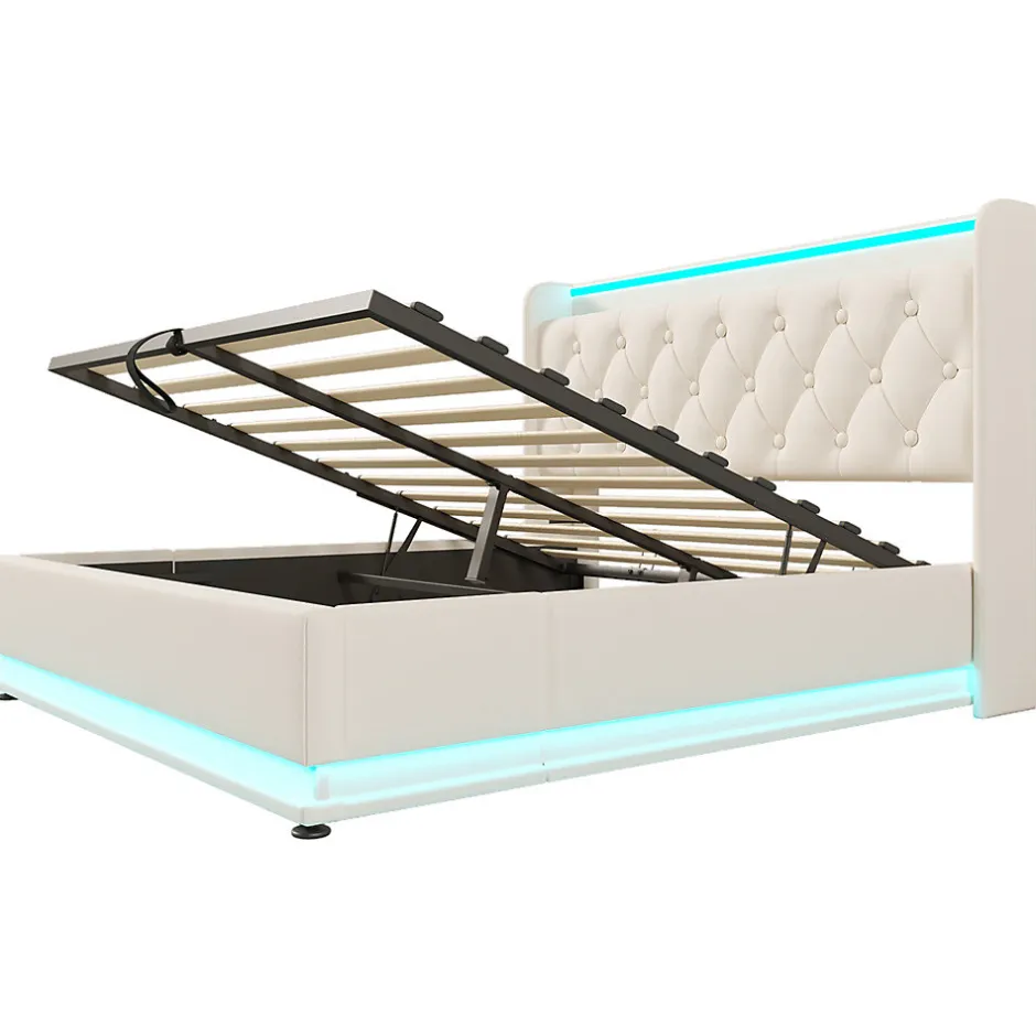 Gutent Lit rembourré hydraulique 140x200cm, lit de rangement, tête de lit avec fonction de chargement usb typ-c, pu, blanc, sans matelas