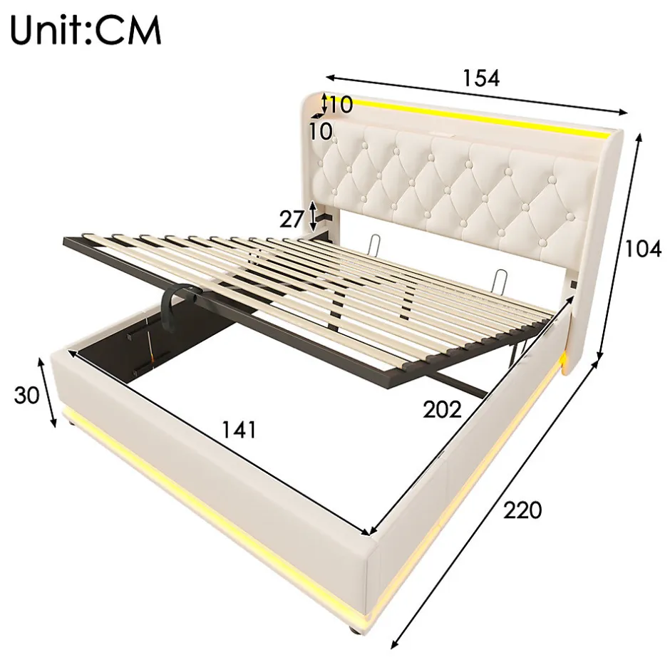 Gutent Lit rembourré hydraulique 140x200cm, lit de rangement, tête de lit avec fonction de chargement usb typ-c, pu, blanc, sans matelas