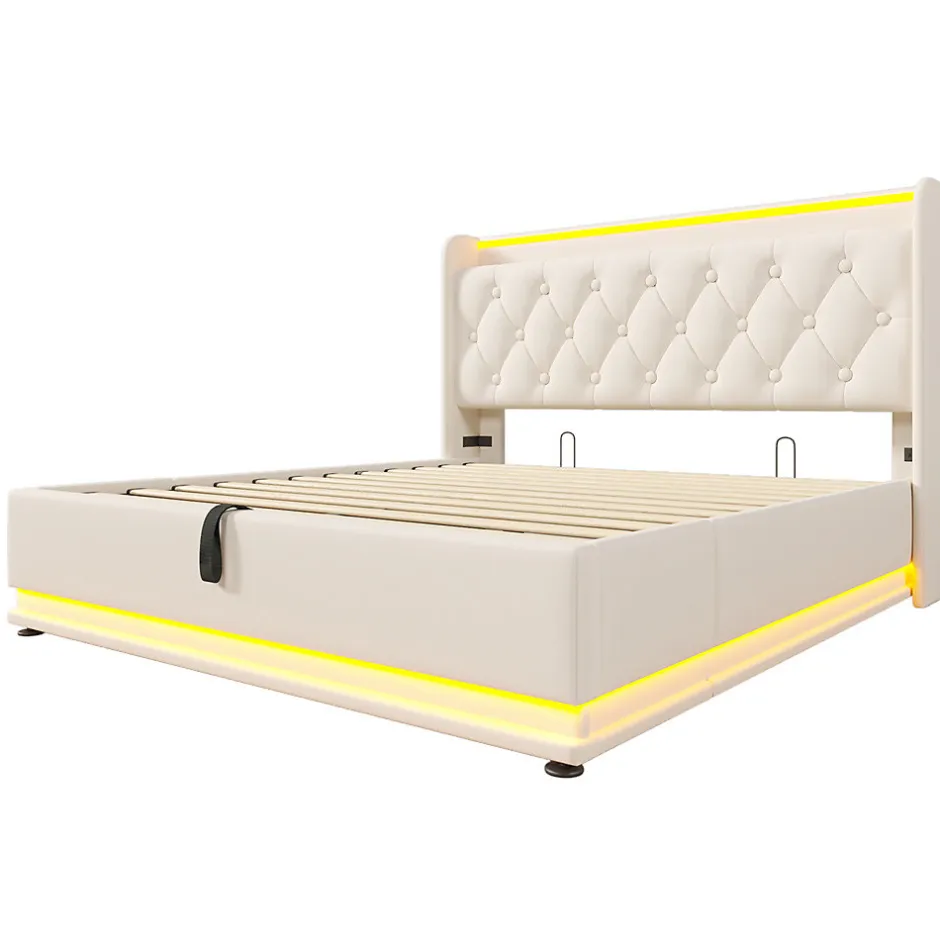 Gutent Lit rembourré hydraulique 140x200cm, lit de rangement, tête de lit avec fonction de chargement usb typ-c, pu, blanc, sans matelas