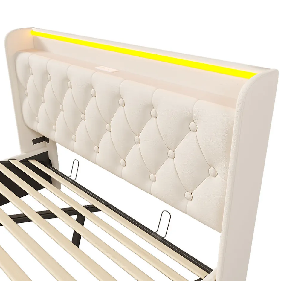 Gutent Lit rembourré hydraulique 140x200cm, lit de rangement, tête de lit avec fonction de chargement usb typ-c, pu, blanc, sans matelas