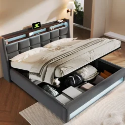 Gutent Lit rembourré hydraulique 140x200 cm lit de rangement lit usb lit en métal lit cadre à lattes en bois lit led double lin gris