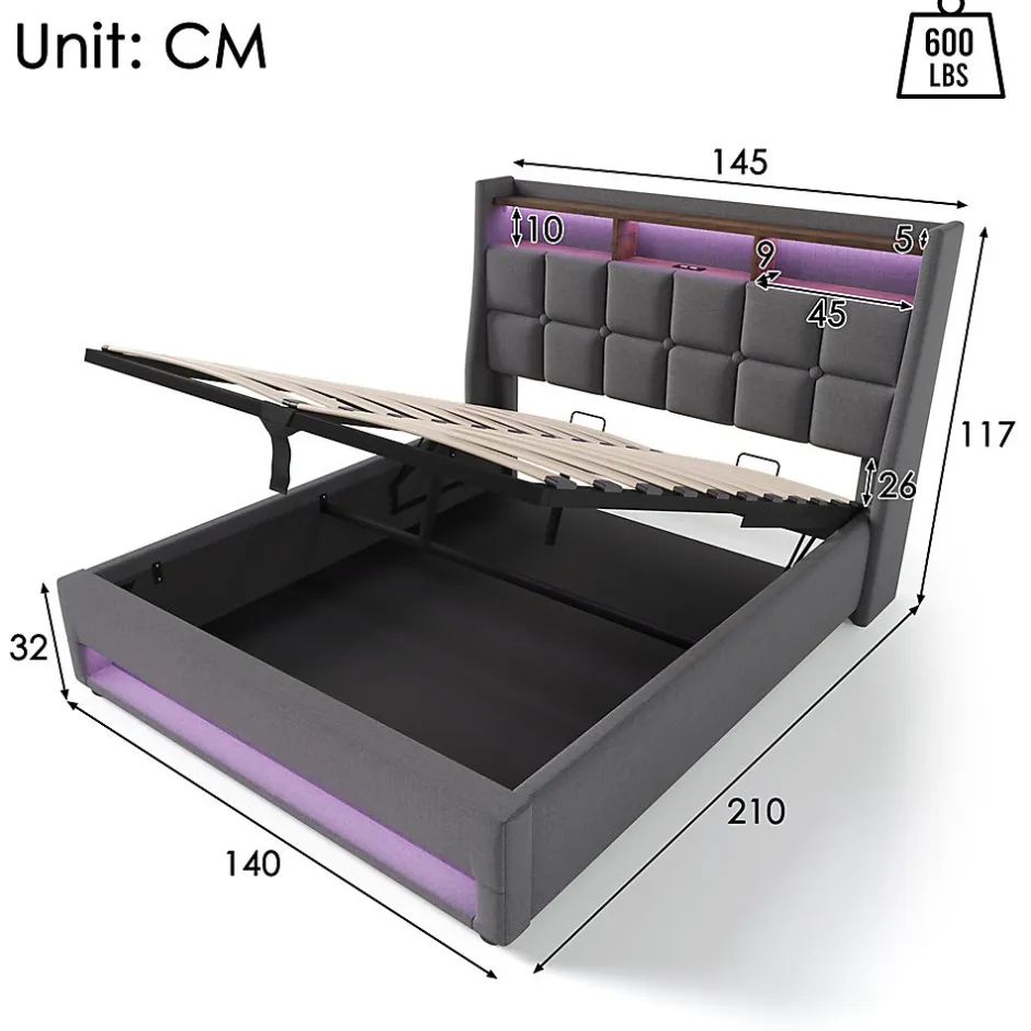 Gutent Lit rembourré hydraulique 140x200 cm lit de rangement lit usb lit en métal lit cadre à lattes en bois lit led double lin gris