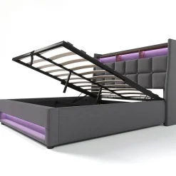 Gutent Lit rembourré hydraulique 140x200 cm lit de rangement lit usb lit en métal lit cadre à lattes en bois lit led double lin gris