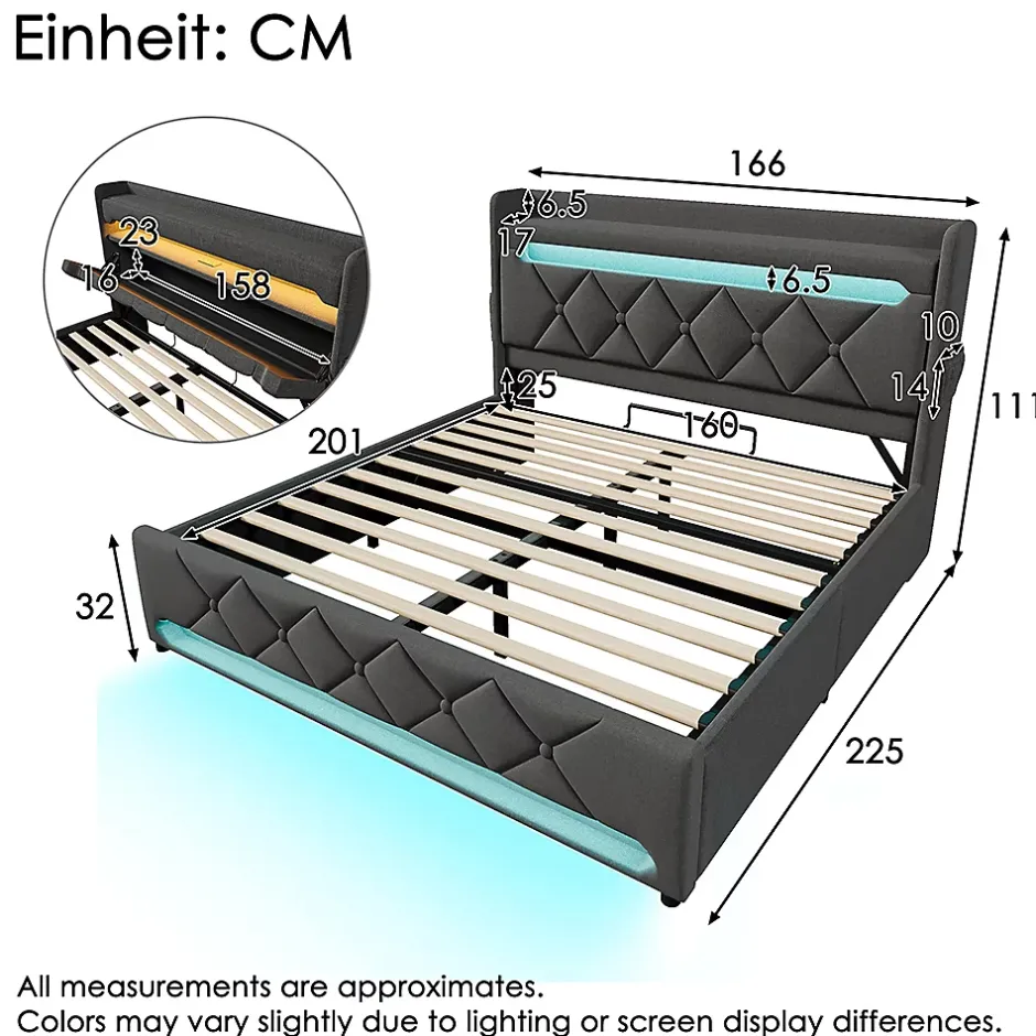 Gutent Lit rembourré hydraulique 160x200cm, lit double, tête de lit de rangement avec port usb et type c, lin, gris, avec matelas