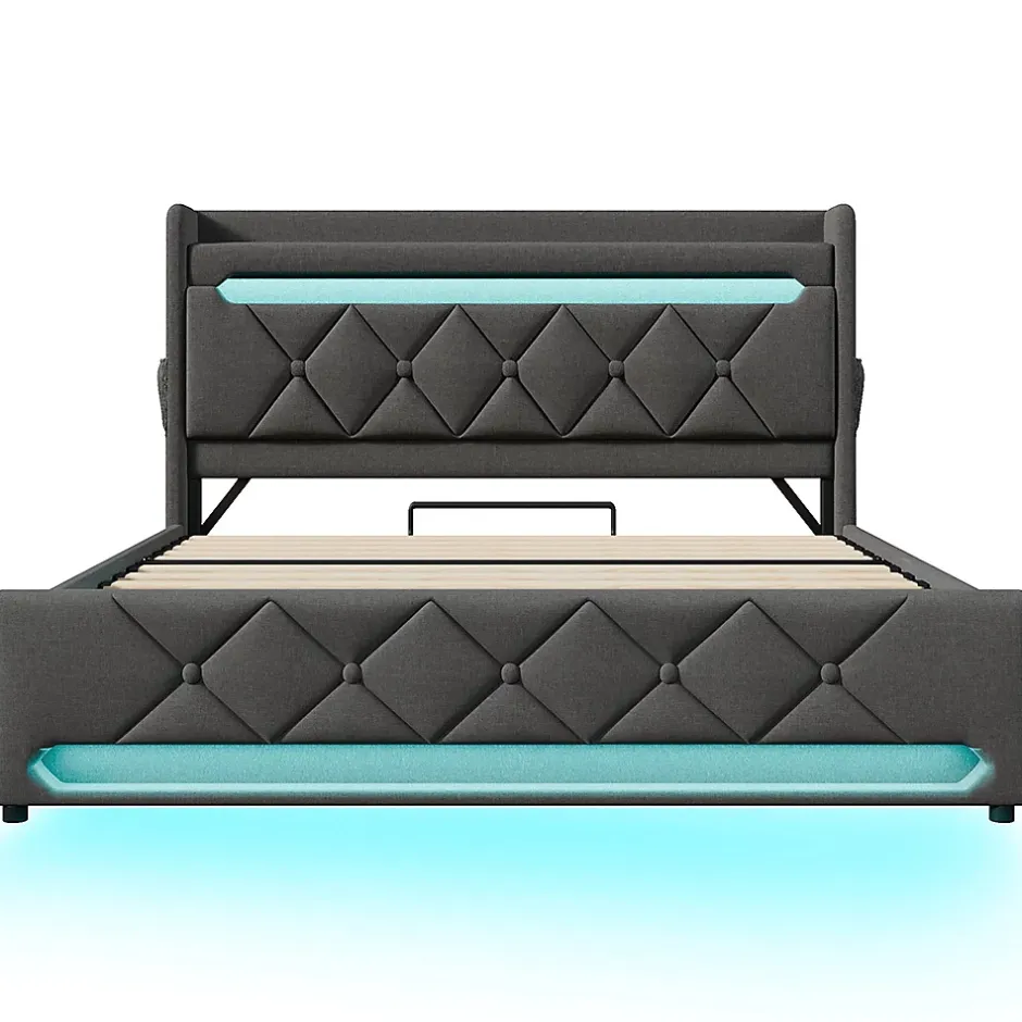 Gutent Lit rembourré hydraulique 160x200cm, lit double, tête de lit de rangement avec port usb et type c, lin, gris, avec matelas