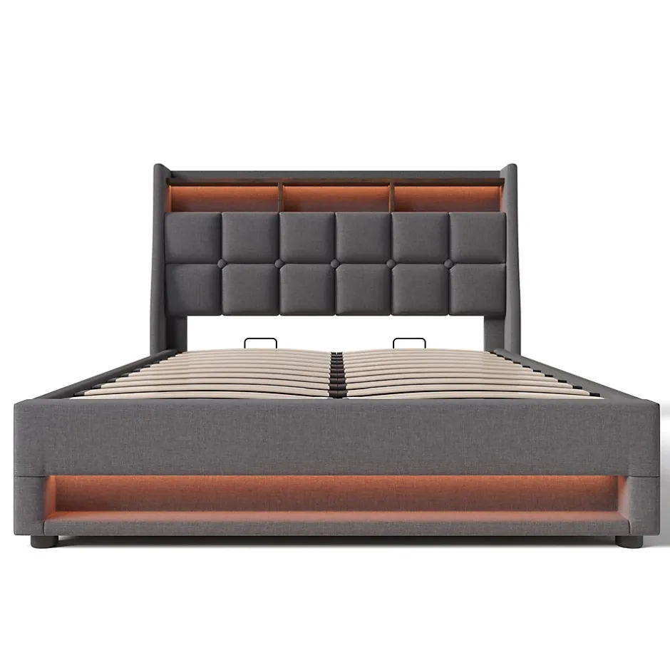 Gutent lit rembourré hydraulique 160x200 cm, lit de rangement LED avec port USB, sommier à lattes et cadre métallique, lin, gris Clearance