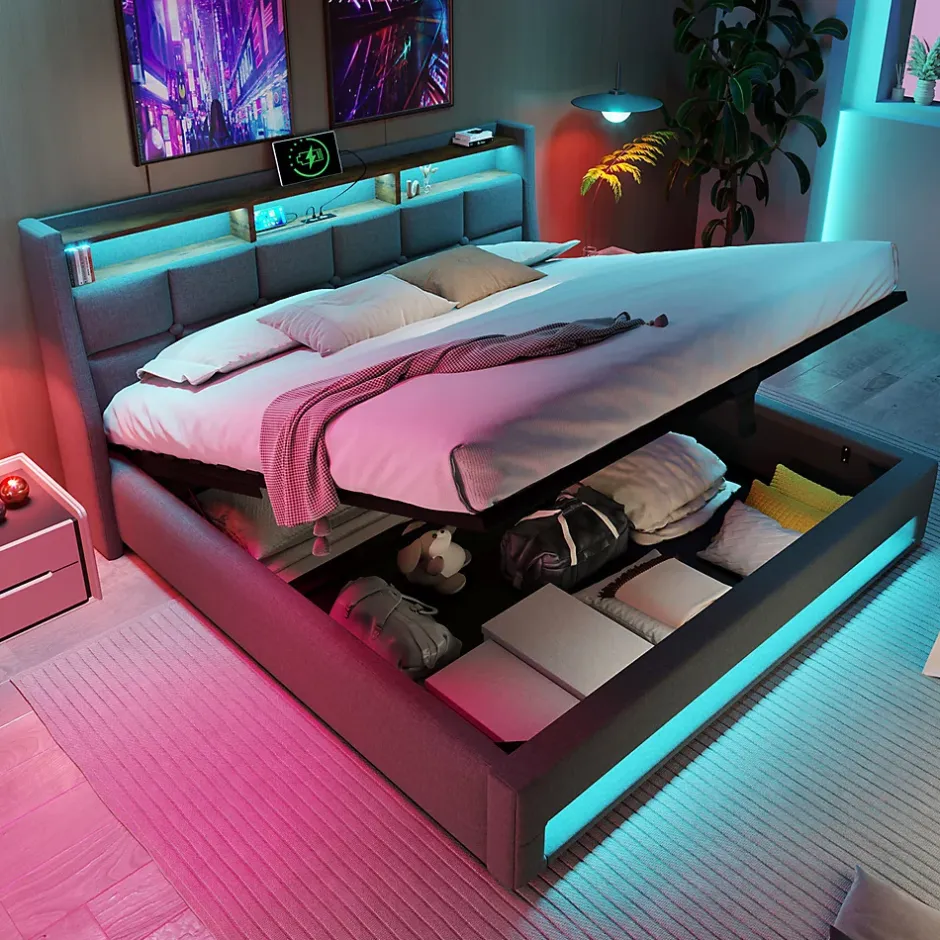 Gutent lit rembourré hydraulique 160x200 cm, lit de rangement LED avec port USB, sommier à lattes et cadre métallique, lin, gris Clearance