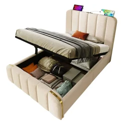 Gutent Lit rembourré hydraulique 90x200cm, lit avec rangement, tête de lit avec fonction de recharge USB Type-C, lin, beige, sans matelas Hot