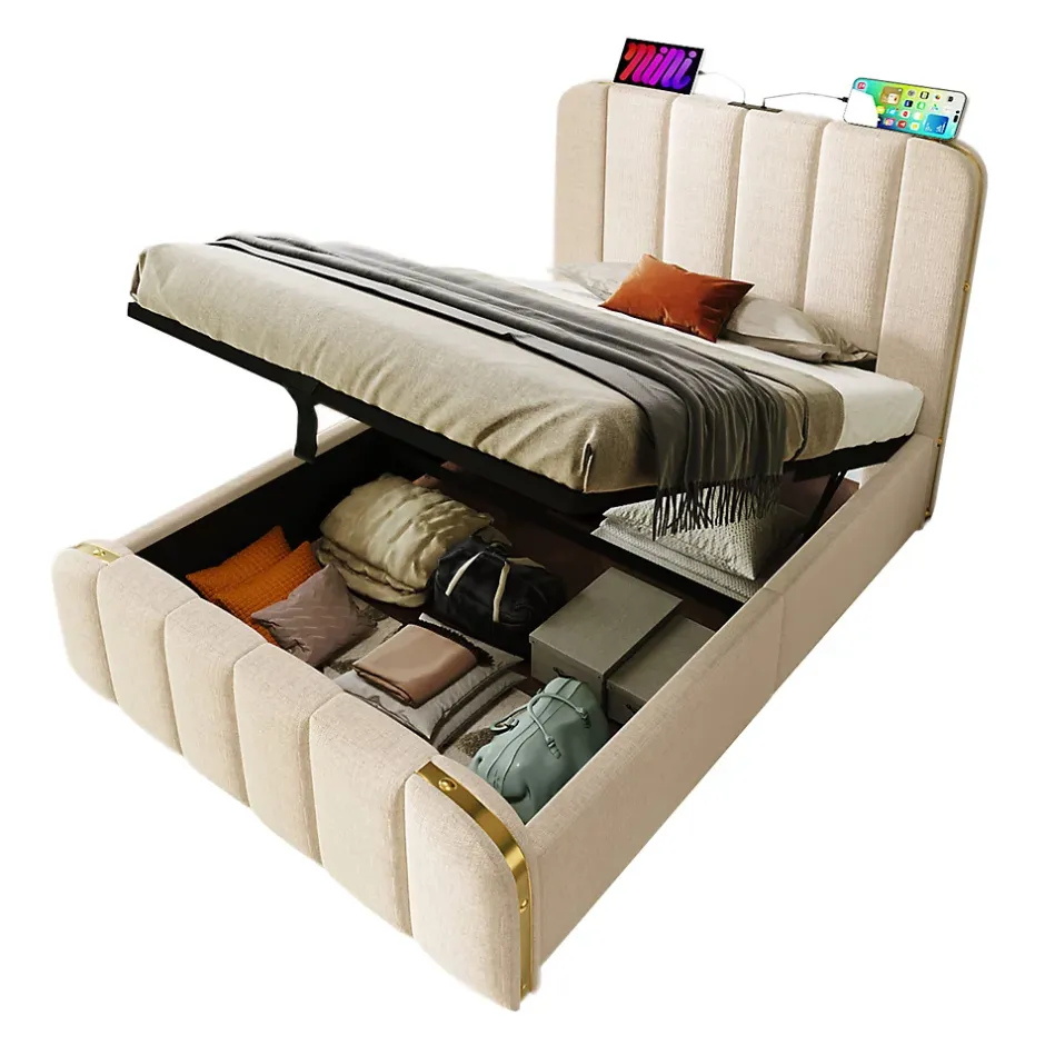 Gutent Lit rembourré hydraulique 90x200cm, lit avec rangement, tête de lit avec fonction de recharge USB Type-C, lin, beige, sans matelas Hot