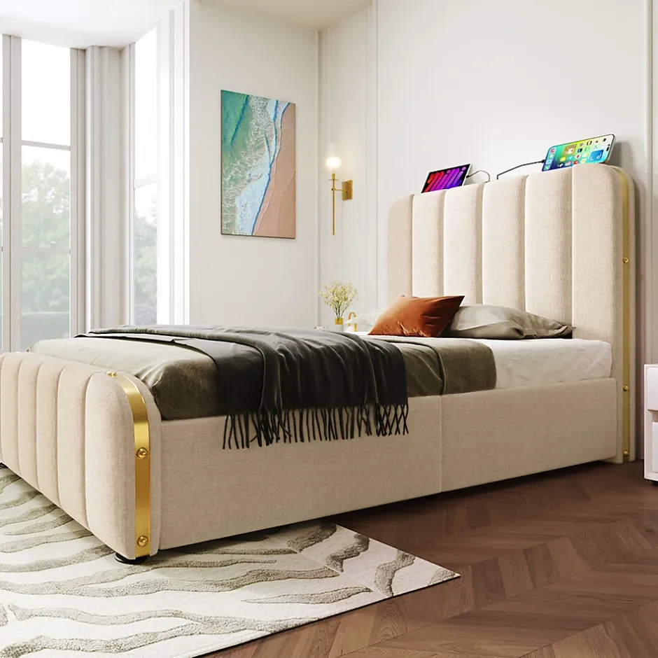 Gutent Lit rembourré hydraulique 90x200cm, lit avec rangement, tête de lit avec fonction de recharge USB Type-C, lin, beige, sans matelas Hot