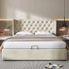Gutent Lit rembourré hydraulique 160x200cm, forme d'oreille, lit de rangement lit double avec sommier à lattes, tissu velours, beige Outlet