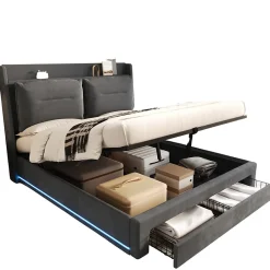 Gutent Lit rembourré hydraulique 180x200cm, tiroirs de rangement, avec sommier à lattes, sans matelas, velours, gris foncé