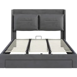 Gutent Lit rembourré hydraulique 180x200cm, tiroirs de rangement, avec sommier à lattes, sans matelas, velours, gris foncé