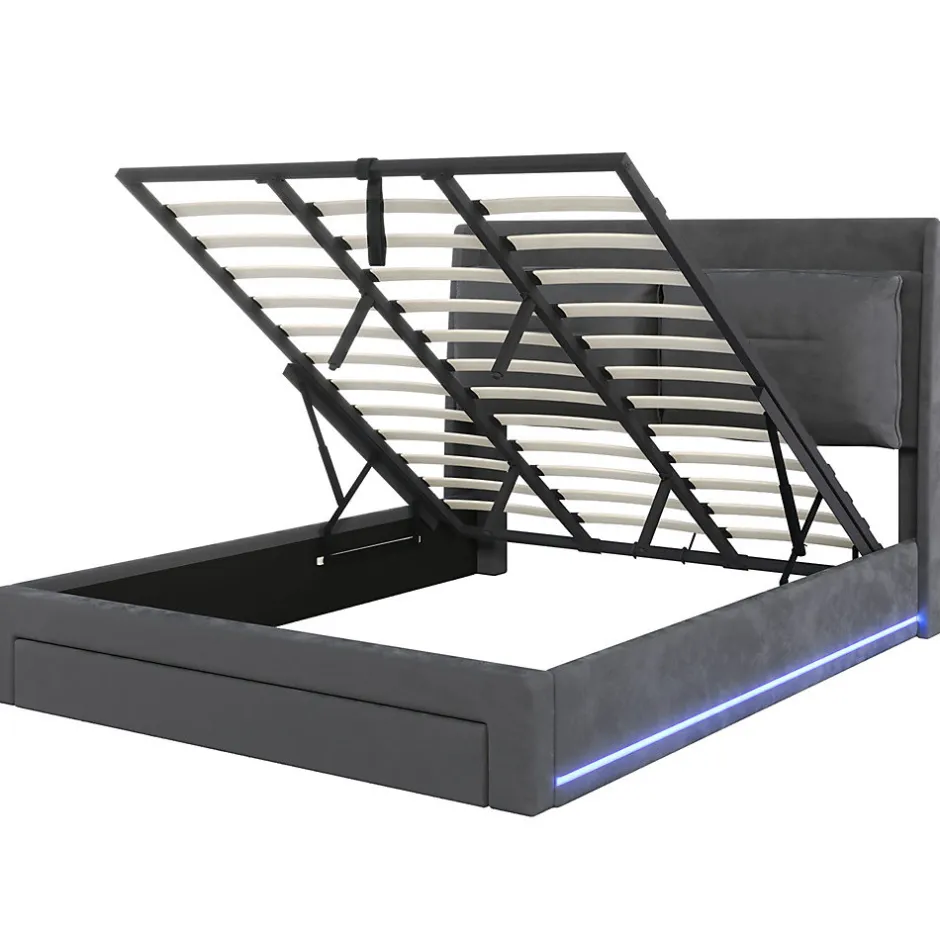 Gutent Lit rembourré hydraulique 180x200cm, tiroirs de rangement, avec sommier à lattes, sans matelas, velours, gris foncé