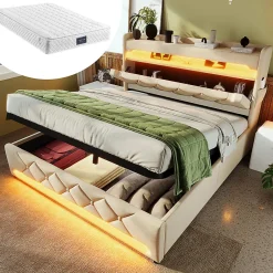 Gutent Lit rembourré hydraulique 160x200cm, lit double, tête de lit de rangement avec port usb et type c, lin,beige,avec matelas