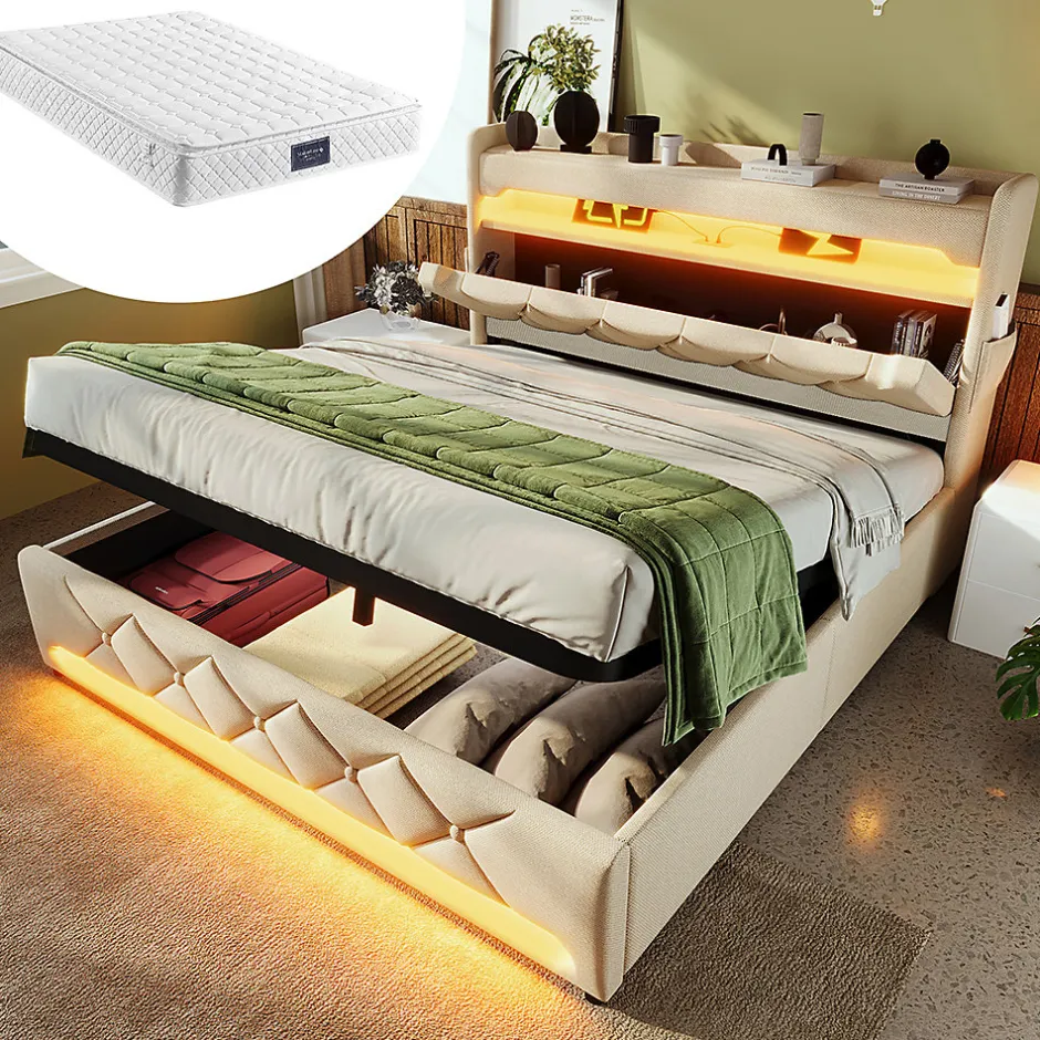 Gutent Lit rembourré hydraulique 160x200cm, lit double, tête de lit de rangement avec port usb et type c, lin,beige,avec matelas