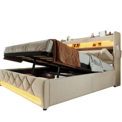 Gutent Lit rembourré hydraulique 160x200cm, lit double, tête de lit de rangement avec port usb et type c, lin,beige,avec matelas